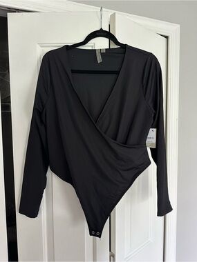 Anthropologie Second Skin Black Long-Sleeve Wrap Bodysuit